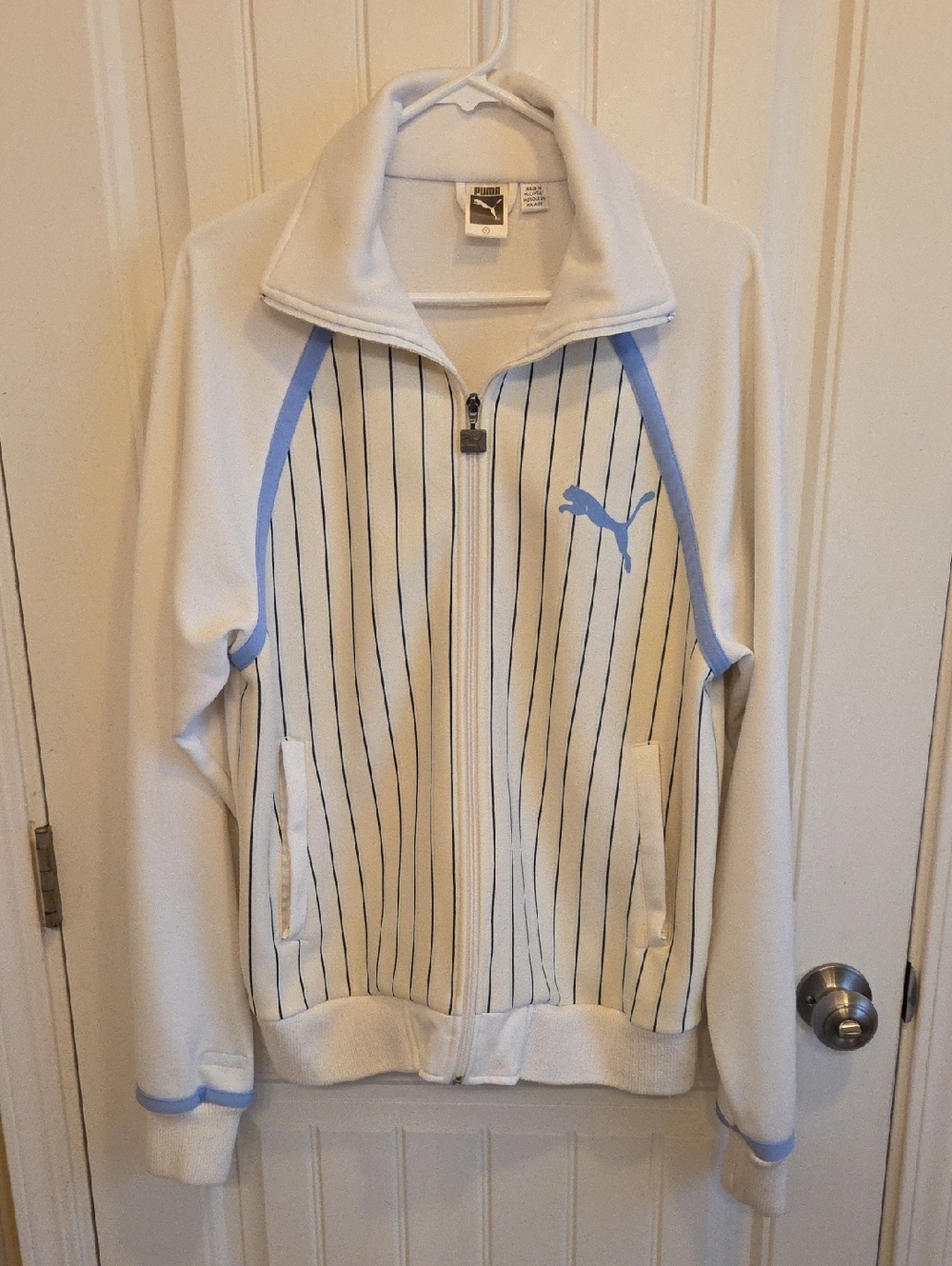 VINTAGE 70s Puma White Track Jacket with Light Blue Accents and Navy Pinstripes